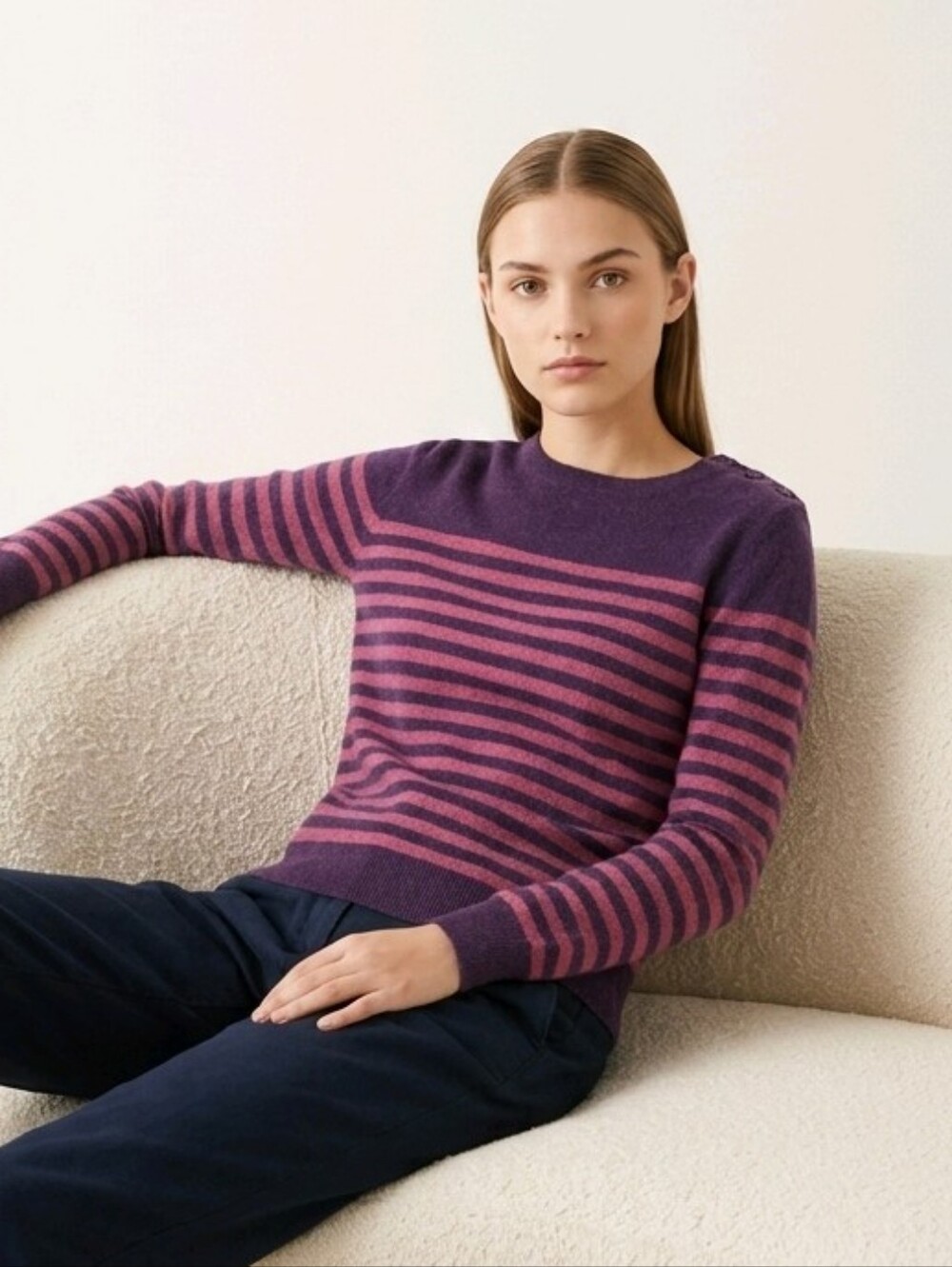 Boden Pink And Purple Cotton/Cashmere/Angora Striped Crewneck Sweater